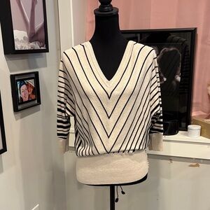 White House Black Market Cream and Black V-Neck Sweater